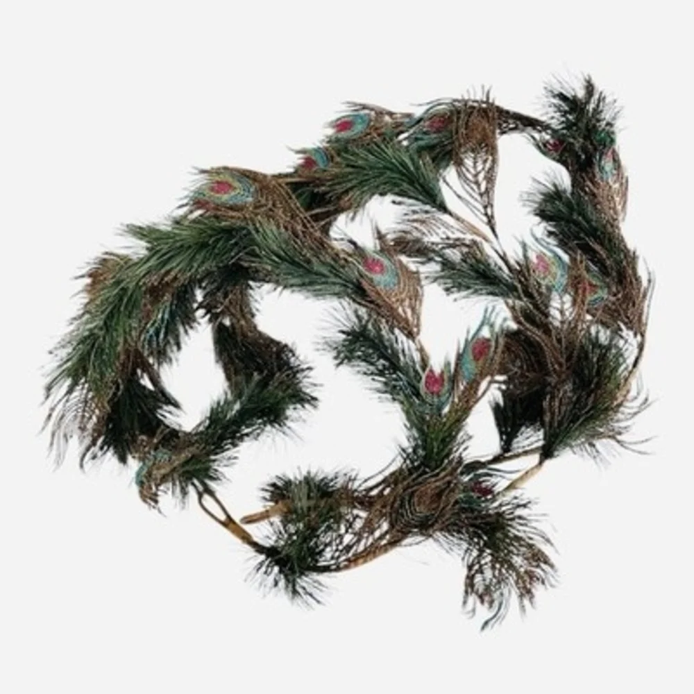 Christmas Peacock Garland 50 in Glitter Feather Holiday Decor 3pc VG